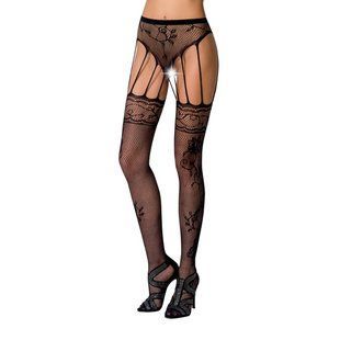 Сітчасті панчохи-стокінги Passion S016 One Size, Black, імітація ажурного пояса з гартерами жива фотографія