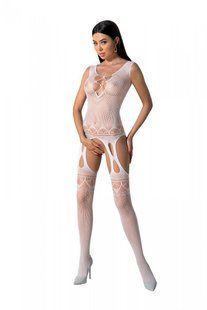 Бодистокинг с плетением на груди Passion BS099 One Size, white, открытый доступ, имитация подвязок реальная фотография