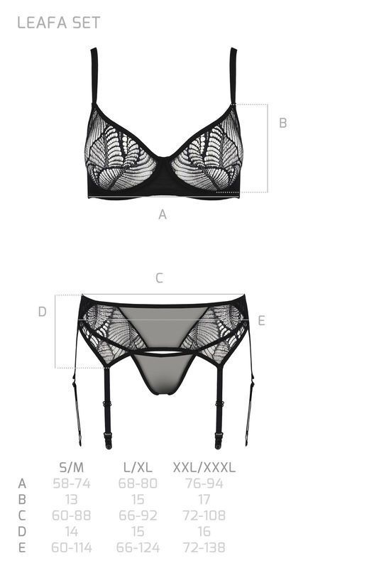 Комплект Passion LEAFA SET black S/M, мереживо+сітка, бюстгальтер на кісточках, стрінги, пояс для панчіх жива фотографія