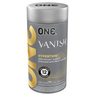 Презервативи ONE Vanish Hyperthin, 12 шт, ультратонкі, зі змазкою, подарункове паковання-тубус жива фотографія