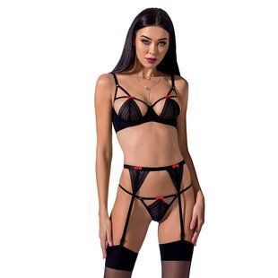 Комплект белья PERDITA SET black S/M - Passion Exclusive: стрэпы: лиф, стринги и пояс для чулок реальная фотография