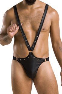 Мужское боди с люверсами Passion 028 HARRY S/M Black, экокожа, на лямках реальная фотография