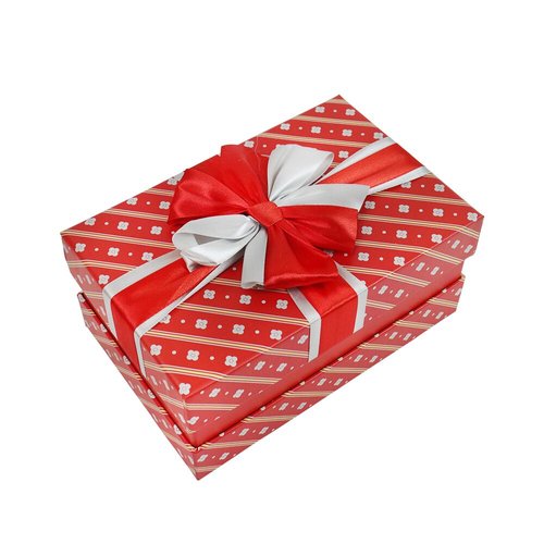 Подарункова коробка з бантом червоно-біла, L – 28,5х21,5х12,8 см. жива фотографія