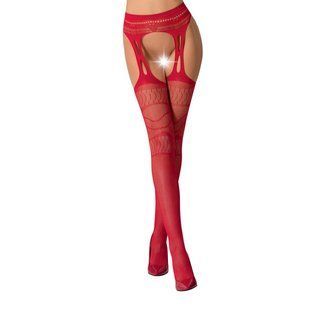 Сітчасті панчохи-стокінги Passion S020 One Size, Red, ажурний візерунок, імітація пояса з гартерами жива фотографія