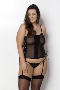 Сітчастий корсет з екошкіри Passion MALWIA CORSET 4XL/5XL black, з люверсами та знімними пажами жива фотографія