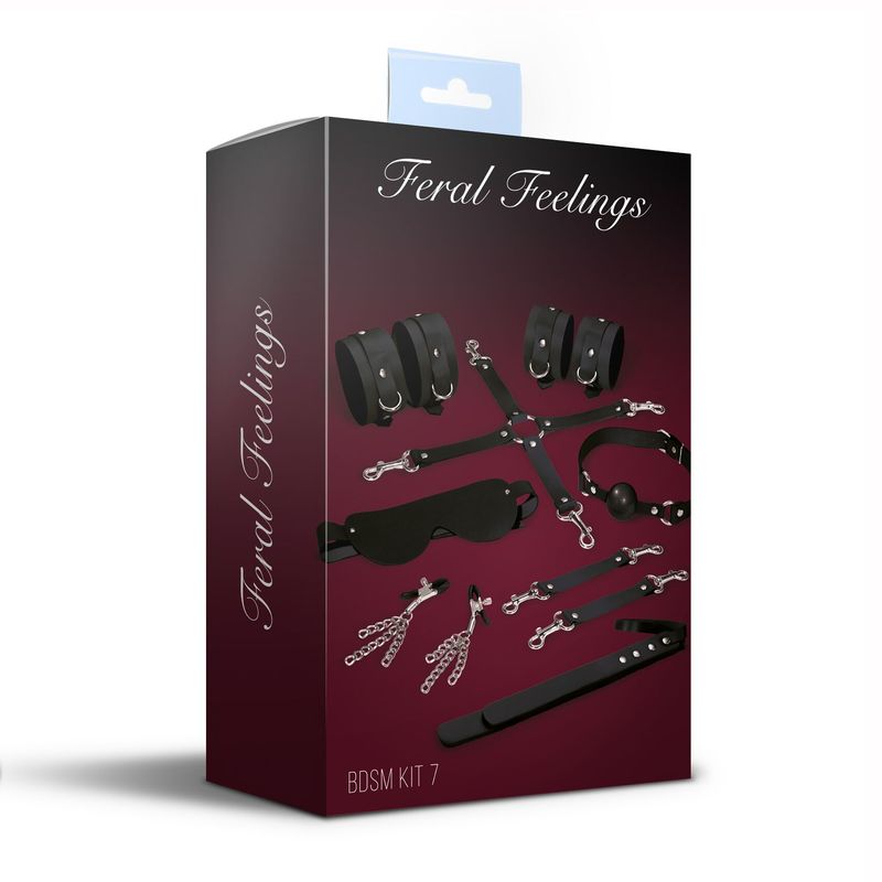 Набор Feral Feelings BDSM Kit 7 Black, наручники, поножи, коннектор, маска, паддл, кляп, зажимы реальная фотография