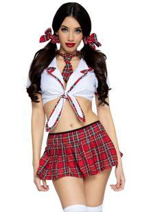 Костюм школярки Leg Avenue Miss Prep School XS, топ, спідниця, краватка, бантики жива фотографія