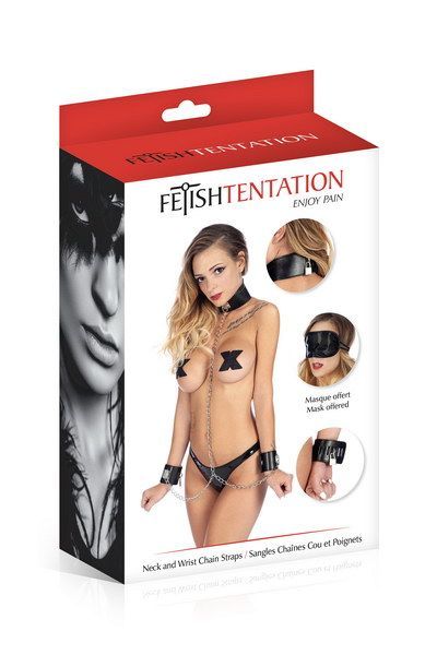 Ошейник с наручниками и цепочкой Fetish Tentation Neck and Wrist Chain Straps с маской на глаза реальная фотография