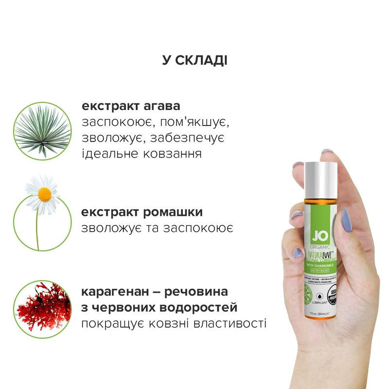 Смазка на водной основе System JO NATURALOVE - ORGANIC (30 мл) с экстрактом листьев агавы и ромашки реальная фотография