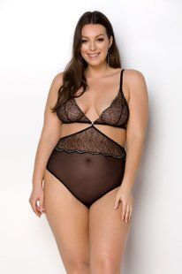 Боді Passion AMBERLY BODY 6XL/7XL black, асиметричний крій, мереживний ліф, золота нитка жива фотографія