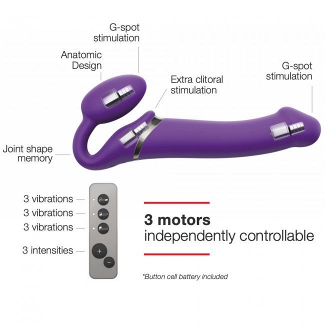 Безремінний страпон з вібрацією Strap-On-Me Vibrating Violet M, діаметр 3,3 см, пульт ДК, регульован жива фотографія