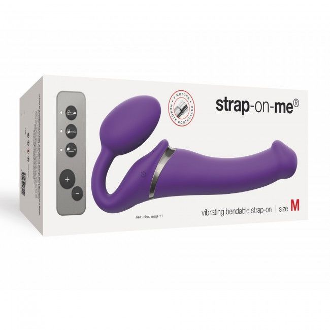 Безремневой страпон с вибрацией Strap-On-Me Vibrating Violet M диаметр 3,3см, пульт ДУ, регулируемый реальная фотография