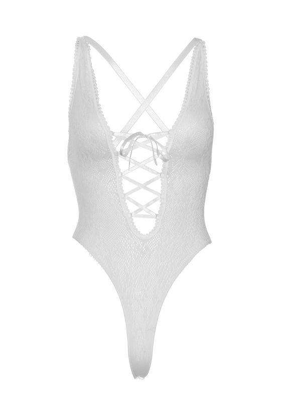 Кружевное боди Leg Avenue Floral lace thong teddy White, шнуровка на груди, one size реальная фотография