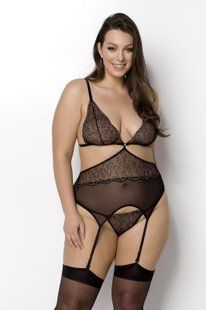 Корсет із пажами Passion AMBERLY CORSET 4XL/5XL, black, асиметричний крій, мережива, стрінги жива фотографія