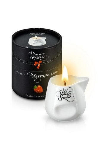 Масажна свічка Plaisirs Secrets Strawberry (80 мл) подарункова упаковка, керамічний посуд жива фотографія