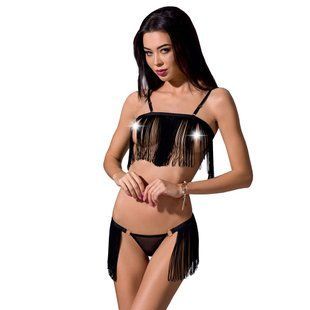 Комплект білизни Passion Exclusive KASSANDRA SET OpenBra S/M black, ліф з бахроми, трусики-спідниця жива фотографія