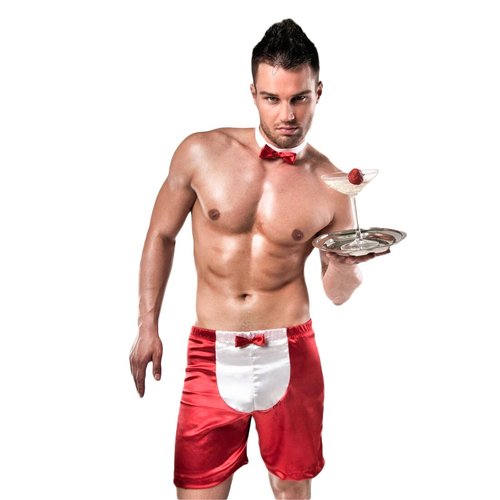 Розпродаж!!! Чоловічий еротичний костюм офіціанта Passion 019 SHORT red L/XL, шорти і метелик жива фотографія