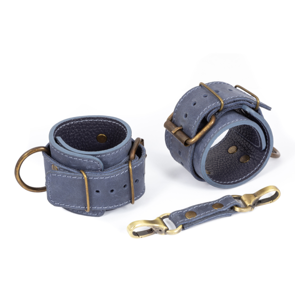 Премиум наручники LOVECRAFT голубые, натуральная кожа, в подарочной упаковке реальная фотография