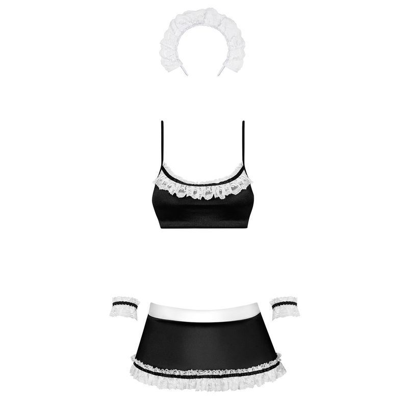 Атласный эротический костюм горничной Obsessive Maid set S/M, black, 5 предметов реальная фотография