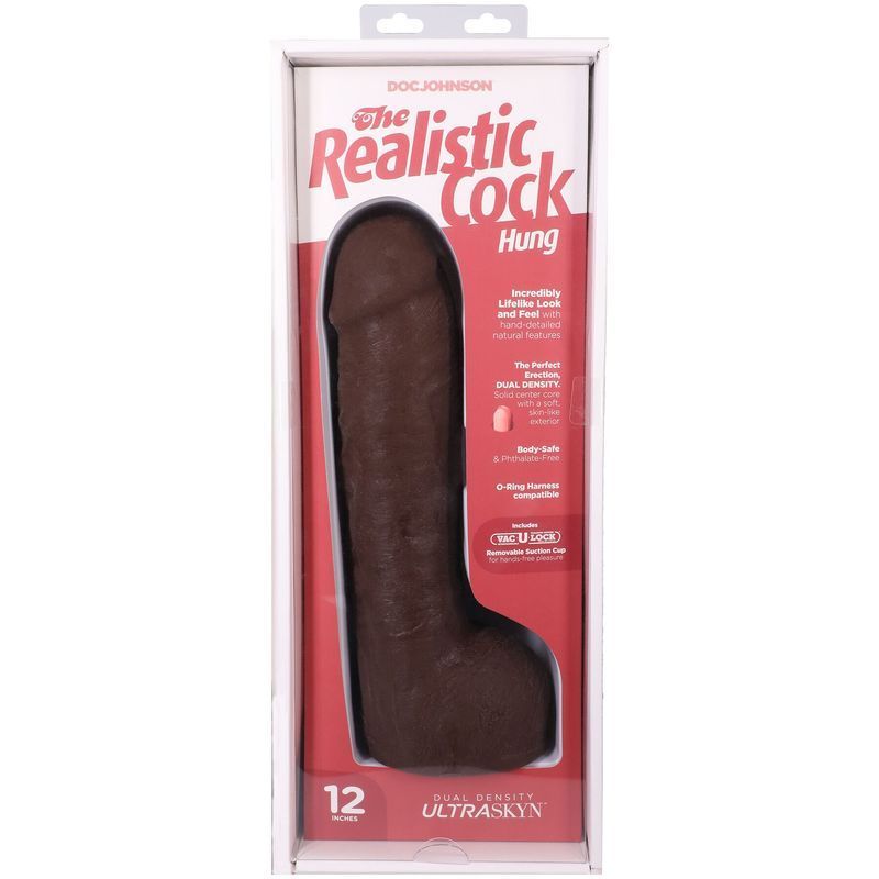 Фалоімітатор Doc Johnson The Realistic Cock ULTRASKYN - 12 Inch Hung with Balls Chocolate жива фотографія