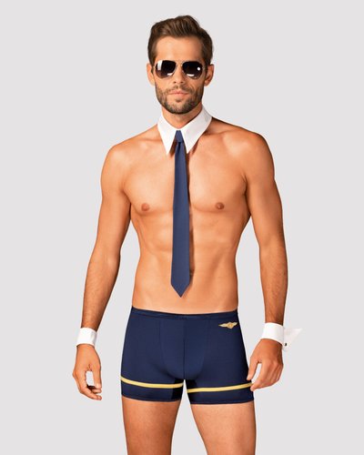 Еротичний костюм пілота Obsessive Pilotman set L/XL, боксери, манжети, комір з краваткою, окуляри жива фотографія