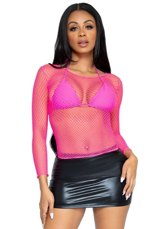 Сетчатый топ Leg Avenue Long Sleeves T-Shirts Neon Pink, One Size реальная фотография