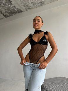 Сетчатое боди с перьями D&A, L реальная фотография