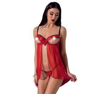 Прозорий пеньюар з відкритими грудьми CHERRY CHEMISE red XXL/XXXL - Passion Exclusive, трусики жива фотографія