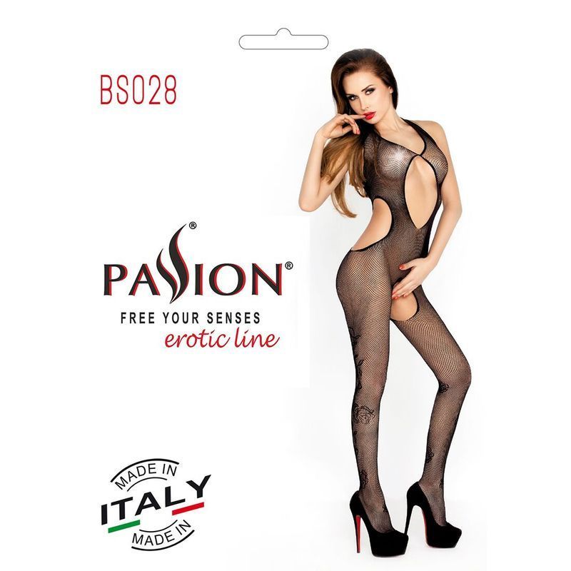Бодистокинг Passion BS028 black, комбинезон, мелкая сеточка с цветочным рисунком на ногах реальная фотография