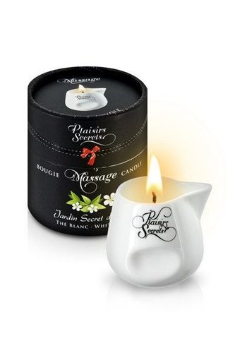 Масажна свічка Plaisirs Secrets White Tea (80 мл) подарункова упаковка, керамічний посуд жива фотографія