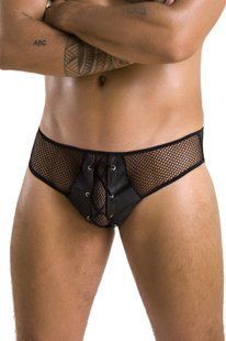 Мужские трусы со шнуровкой Passion 035 SLIP RICHARD L/XL Black, экокожа, сетка реальная фотография
