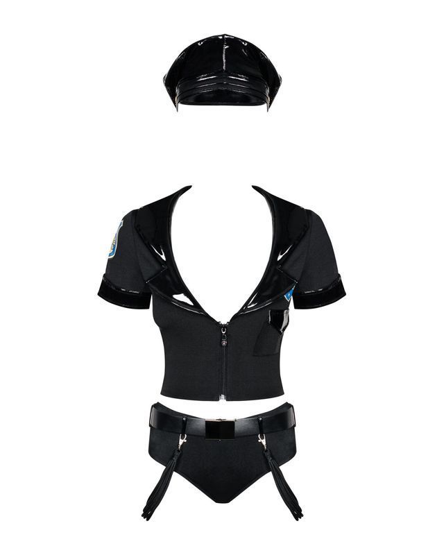Эротический костюм полицейского Obsessive Police set S/M, black, топ, шорты, кепка, пояс, портупея реальная фотография