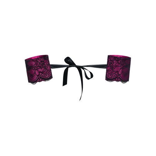 Атласні наручники-манжети на стрічках Obsessive Roseberry cuffs, pink, прикрашені мереживом жива фотографія