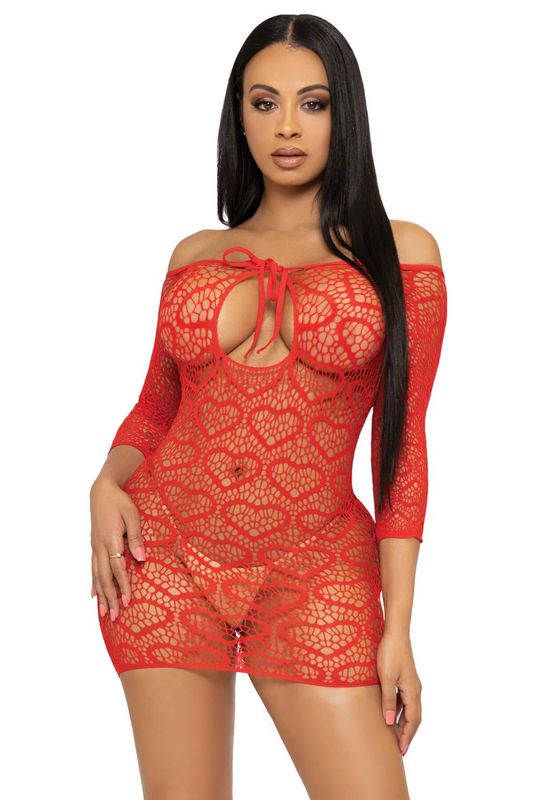 Платье-сетка с сердечками Leg Avenue Heart net mini dress Red, завязки, открытые плечи, one size реальная фотография