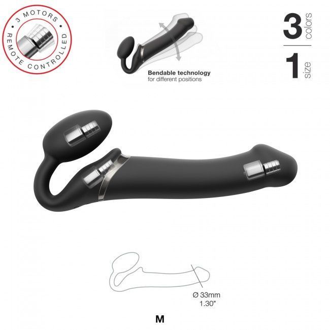 Безремневой страпон с вибрацией Strap-On-Me Vibrating Black M, диаметр 3,3см, пульт ДУ, регулируемый реальная фотография