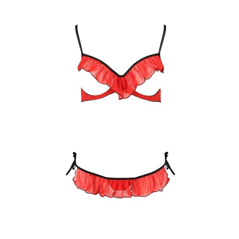 Комплект білизни Passion Exclusive CHERRY SET OpenBra L/XL, red, відкритий ліф, трусики-спідничка жива фотографія