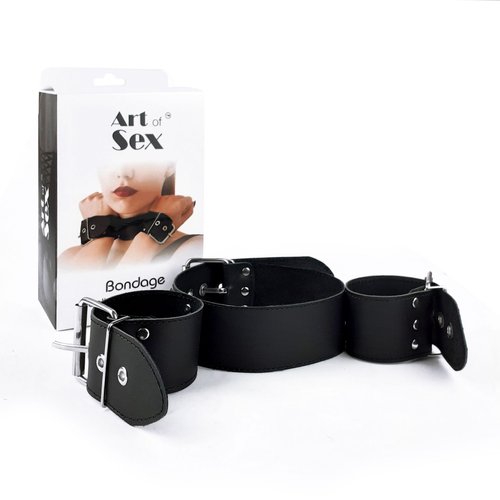 Ошейник с наручниками из натуральной кожи Art of Sex - Bondage Collar with Handcuffs реальная фотография