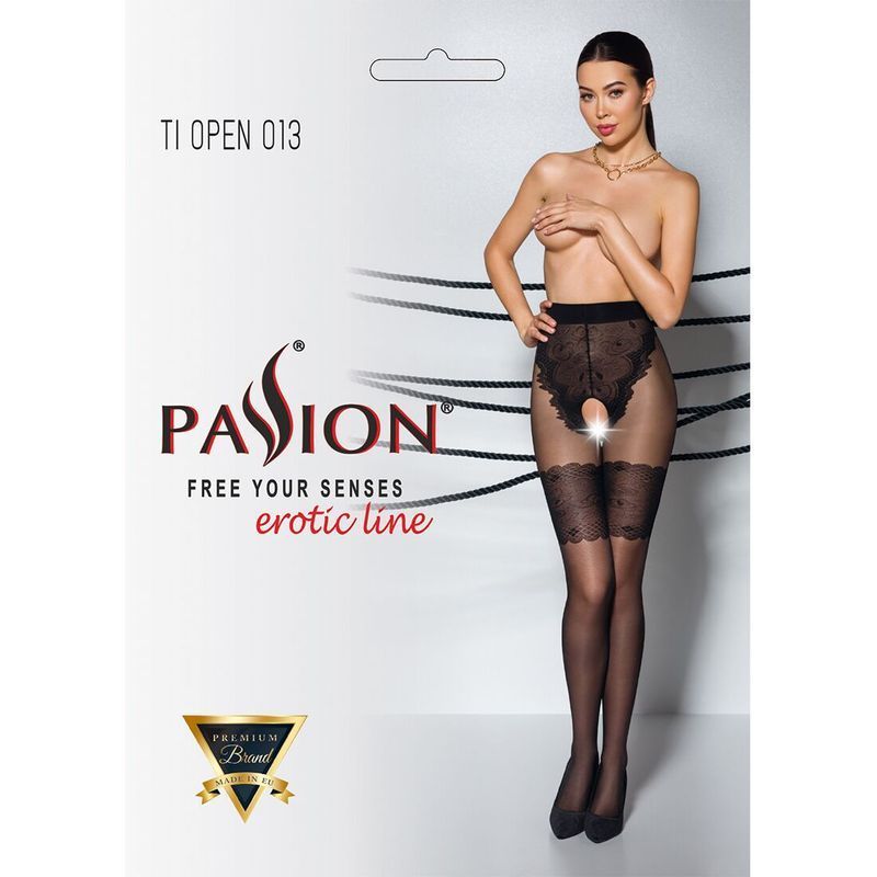 Колготки с открытым доступом, ажурные трусики и подвязки Passion TIOPEN 013 1/2 (20/40 den), black реальная фотография