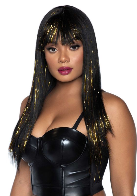Чорна перука із золотими пасмами Leg Avenue Long bang wig with tinsel, 60 см жива фотографія