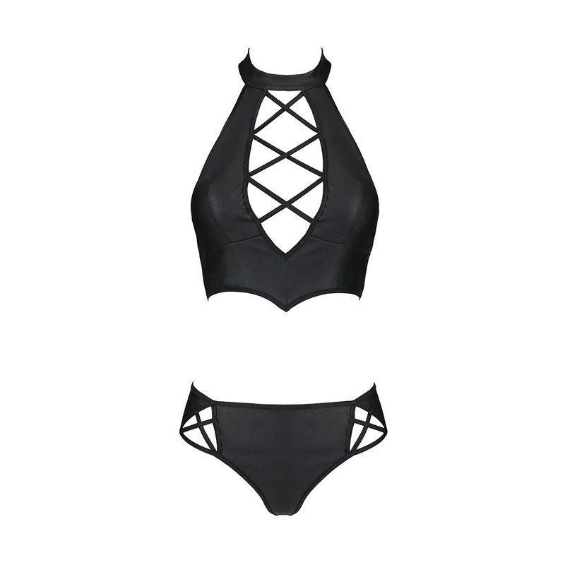 Комплект из эко-кожи Passion NANCY BIKINI L/XL, black, бра и трусики с имитацией шнуровки реальная фотография