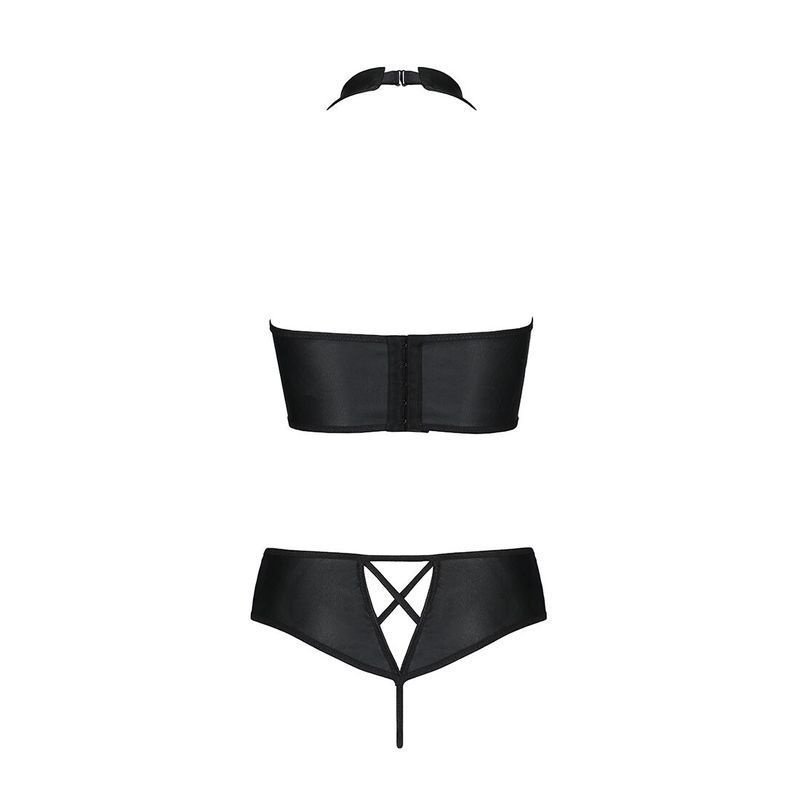 Комплект из эко-кожи Passion NANCY BIKINI L/XL, black, бра и трусики с имитацией шнуровки реальная фотография