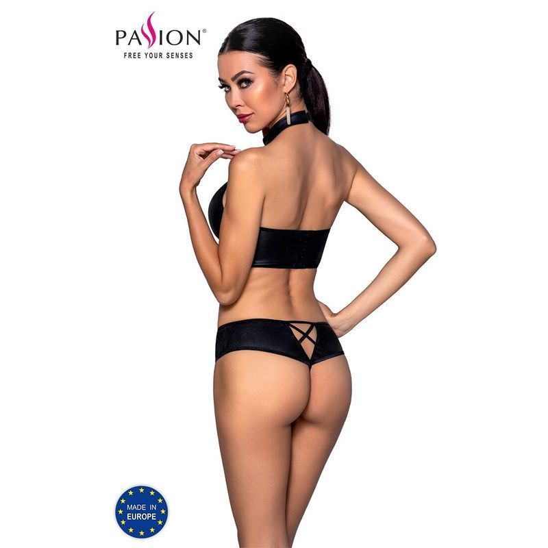 Комплект из эко-кожи Passion NANCY BIKINI L/XL, black, бра и трусики с имитацией шнуровки реальная фотография