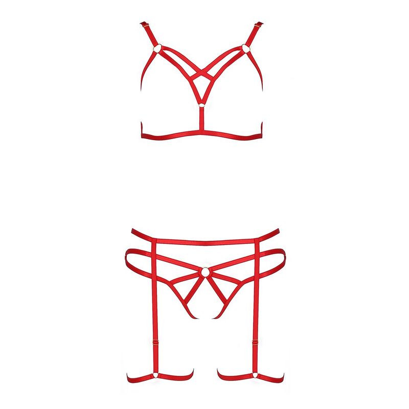 Комплект белья MAGALI SET OpenBra red S/M - Passion Exclusive: стрэпы: лиф, трусики и пояс реальная фотография