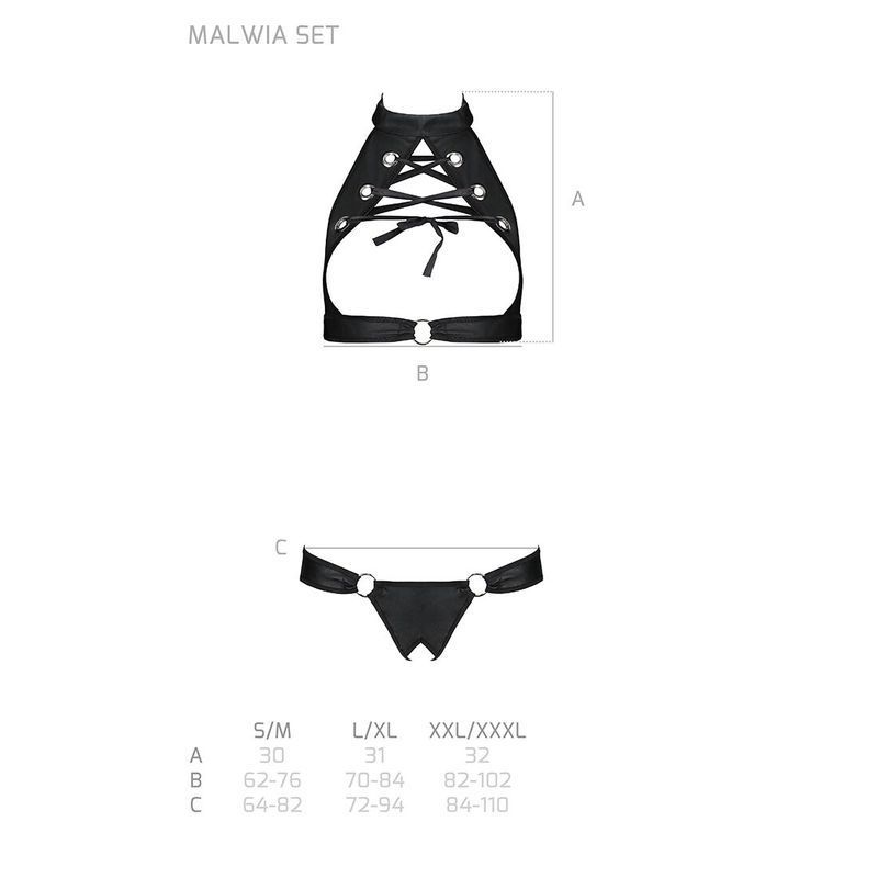 Комплект відкритий топ та трусики з екошкіри з люверсами Passion MALWIA SET OpenBra XXL/XXXL, black жива фотографія