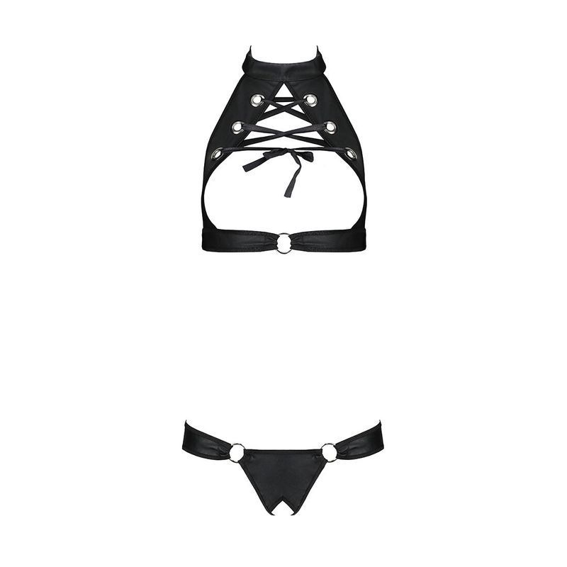 Комплект відкритий топ та трусики з екошкіри з люверсами Passion MALWIA SET OpenBra XXL/XXXL, black жива фотографія