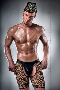 Мужской эротический костюм охотника Passion 024 SHORT L/XL: леопардовые шорты-трусы и пилотка реальная фотография