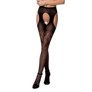 Колготки-бодістокінги з відкритим доступом Passion S017 One Size, Black, імітація панчіх та пояса жива фотографія