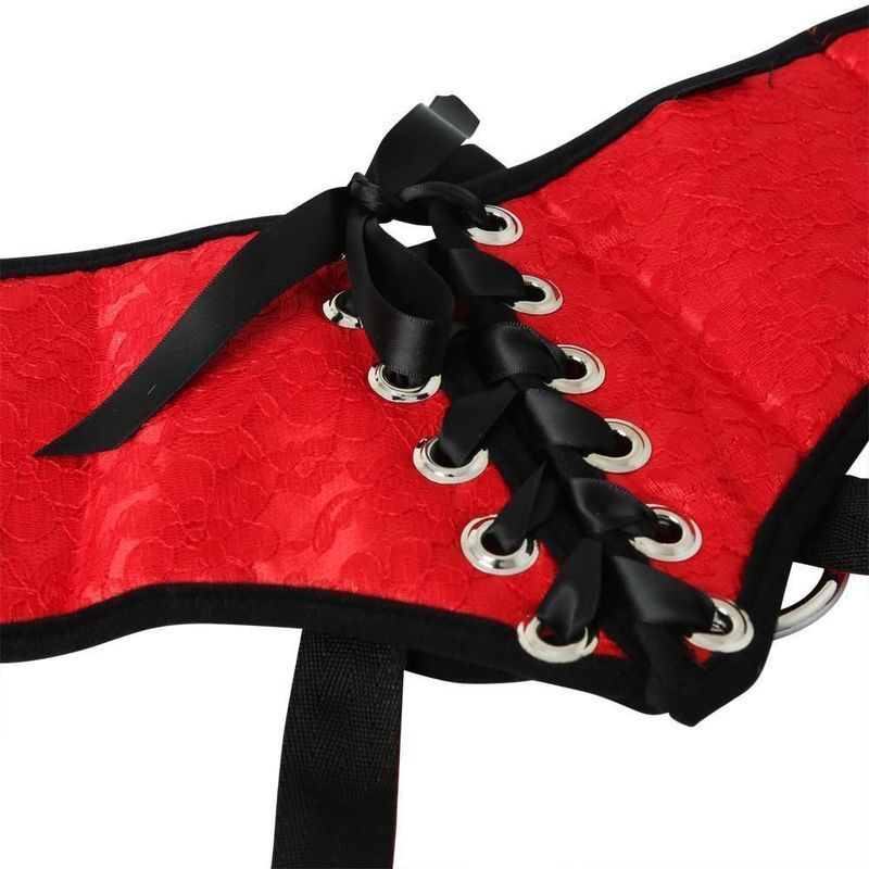 Трусы для страпона Sportsheets - SizePlus Red Lace Satin Corsette, с корсетной утяжкой, ульракомфорт реальная фотография