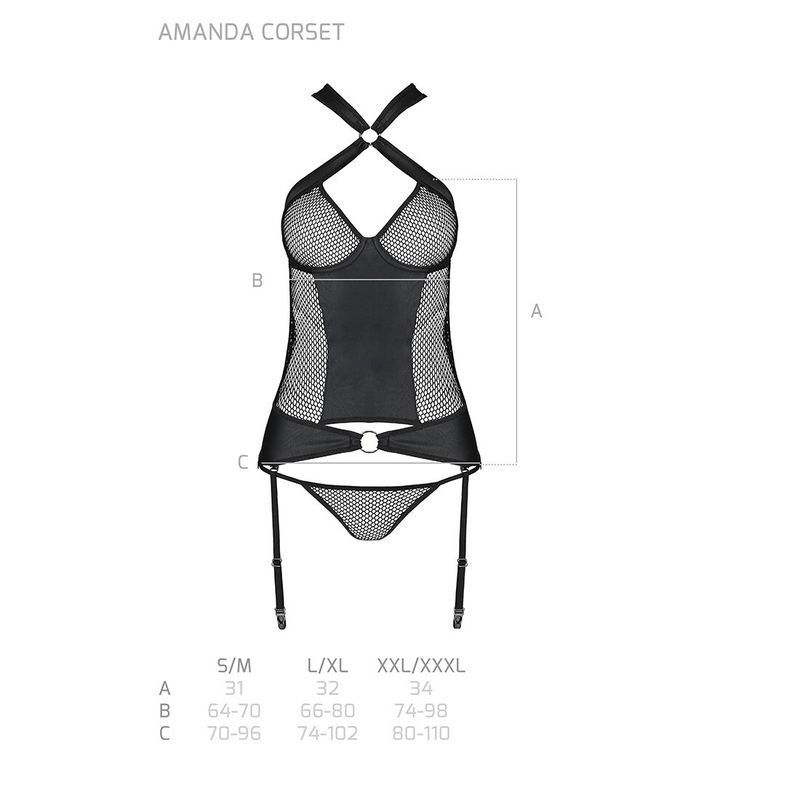 Сетчатый комплект корсет с халтером, съемные подвязки и трусики Passion AMANDA CORSET S/M, black реальная фотография