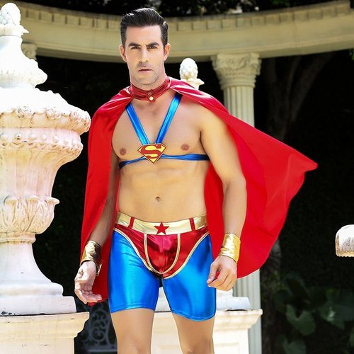 Чоловічий еротичний костюм супермена "Готовий на все Стів" One Size: плащ, портупея, шорти, манжети жива фотографія